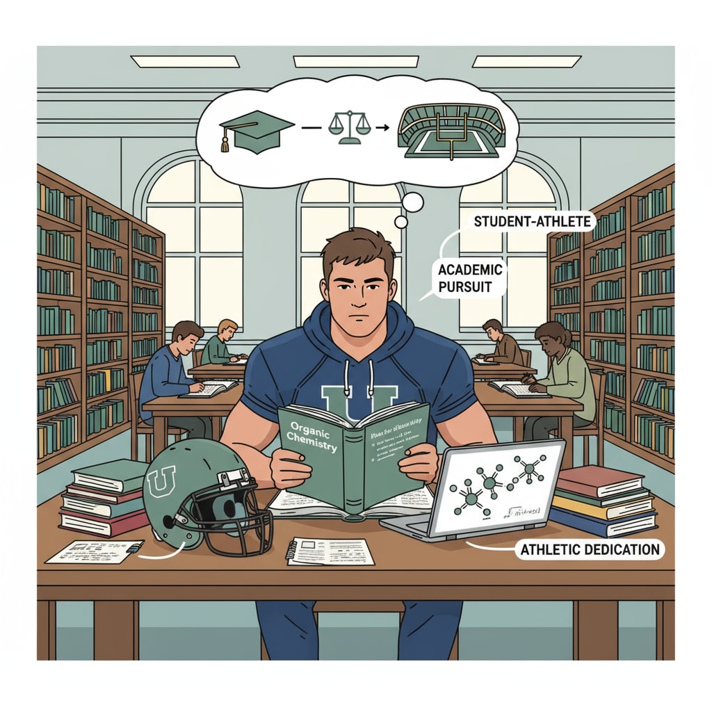 A football recruit studying in a college library, showing the balance between sports and academics A football recruit studying in a library in relation to college admission requirements and academic standards