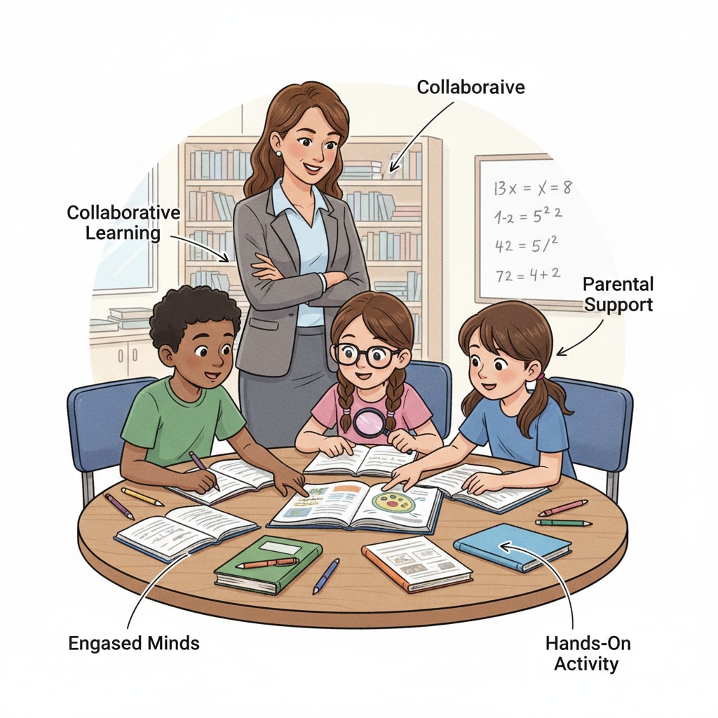 A group of students are sitting around a table, studying together. A parent is standing nearby, observing and ready to offer assistance. This depicts an environment where parental involvement in children's learning is evident. A scene showing parental involvement in students' academic activities related to child tax credit, academic performance, and parental responsibility