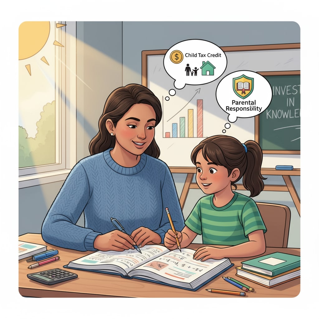 A parent and a child are sitting at a desk. The parent is helping the child with math homework, highlighting the role of parents in supporting their children's academic performance as related to child tax credit and parental responsibility. A parent assisting a child with homework, emphasizing parental responsibility in the context of child tax credit and academic performance