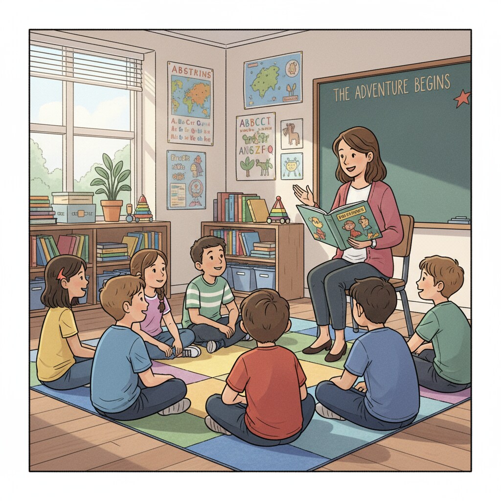 A group of K12 students are sitting in a classroom, listening intently as their teacher tells a story. This shows the engaging nature of storytelling in the educational setting. K12 students engaged in a storytelling session for identity and personal transformation