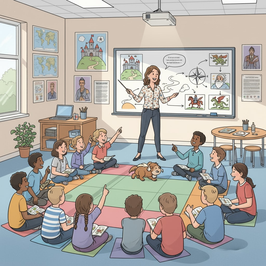 A teacher is standing in front of a whiteboard, using visual aids like pictures and diagrams while telling a story to K12 students. This depicts how storytelling can be enhanced with additional teaching tools. A teacher using visual aids during storytelling for K12 students' identity and personal transformation