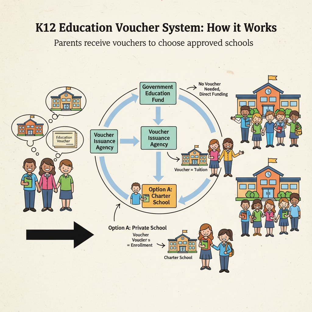A visual representation of how the education voucher system works in a K12 setting, showing parents choosing schools with vouchers. An illustration of the education voucher system for K12 school choice
