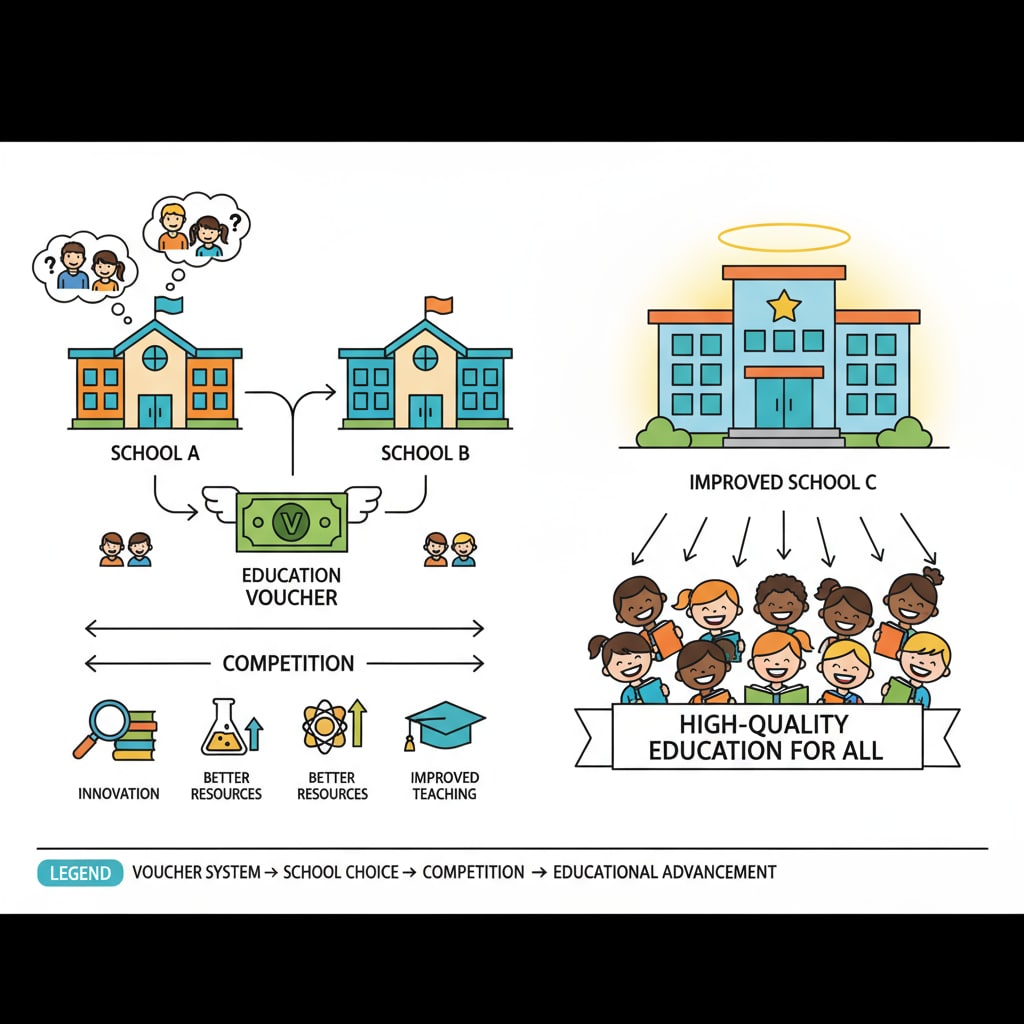 A graphical representation of how competition among schools in the voucher system can lead to improved education quality. Graph showing the impact of competition in the education voucher system on quality