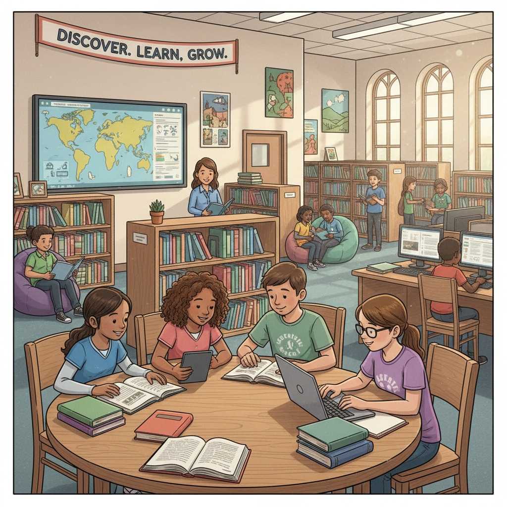 Students in an Arkansas school library relevant to Oklahoma and Arkansas education evaluation