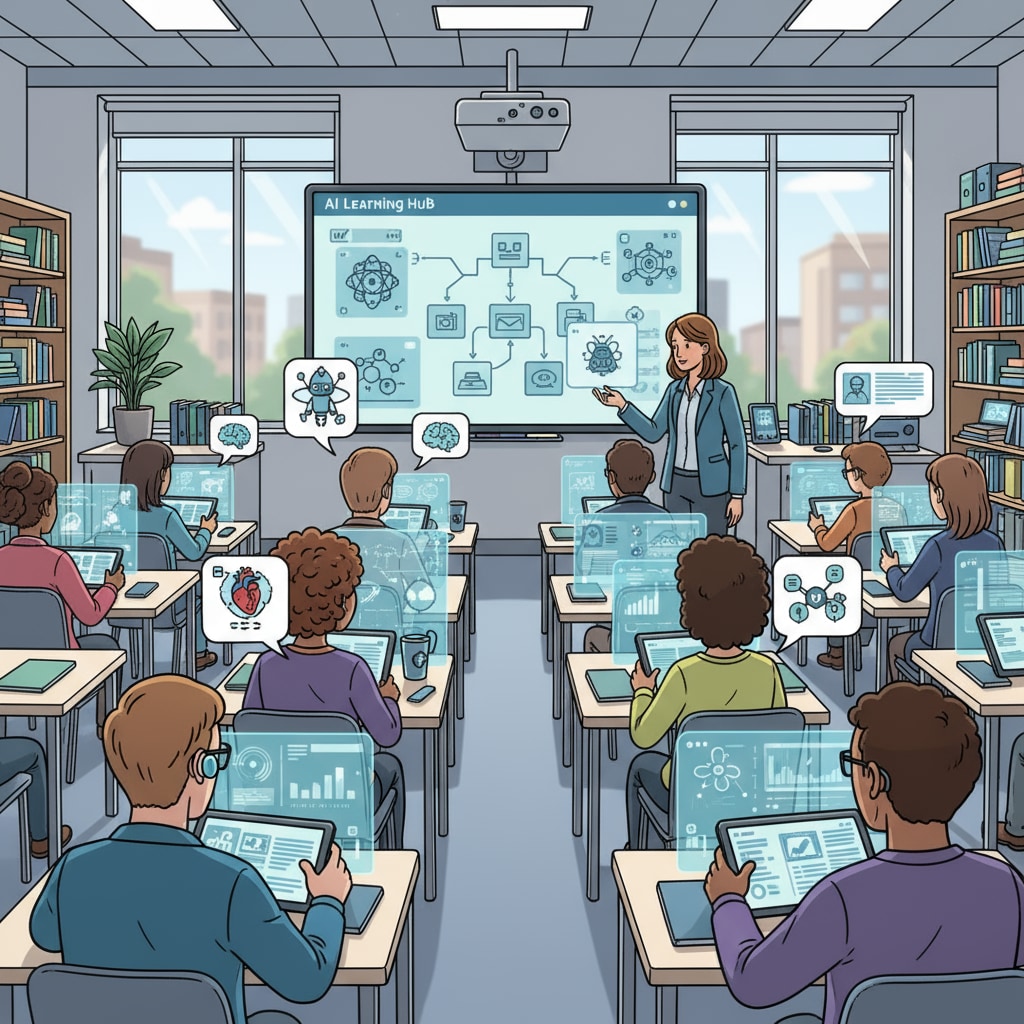 A university classroom scene where students are using AI-powered learning tools to interact and learn. Students in a university classroom using AI for enhanced learning in the context of artificial intelligence, higher education, and job automation