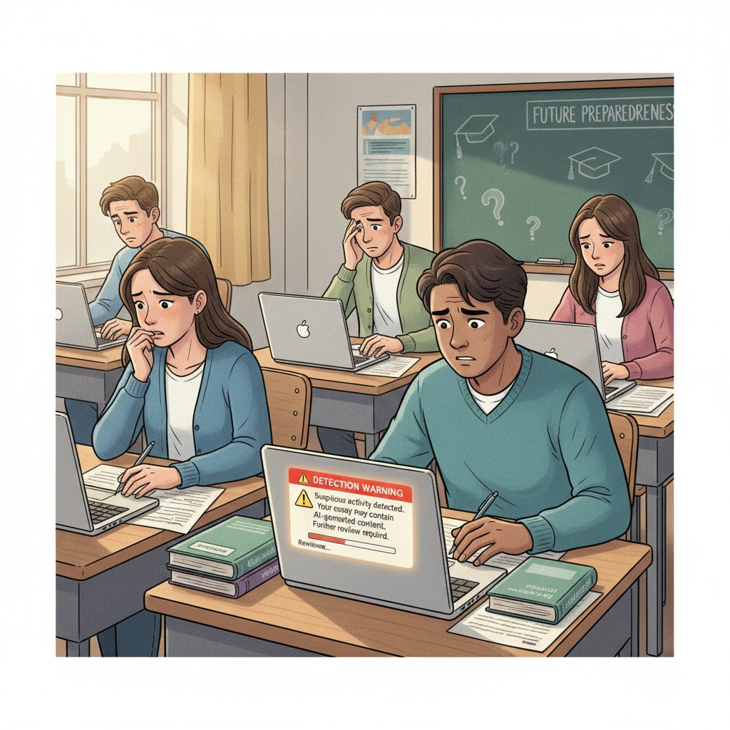 A group of students sitting at desks, looking concerned as they work on their college applications, with a computer screen showing an AI detection warning. Students worried about AI detection in college applications
