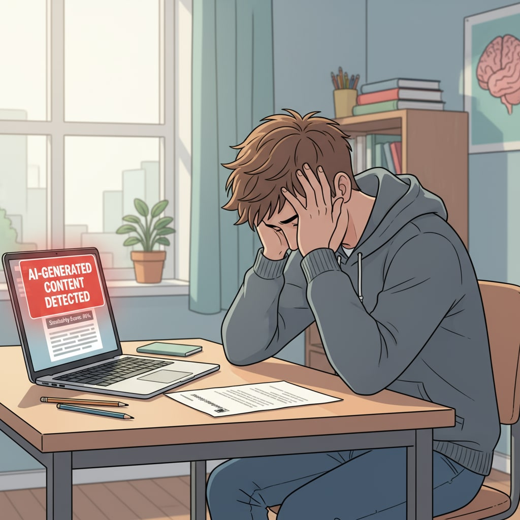A single student sitting at a table, head in hands, looking disappointed with a college application letter and a computer screen showing an AI-generated label on their personal statement. Disappointed student due to false AI-generated label on college application personal statement
