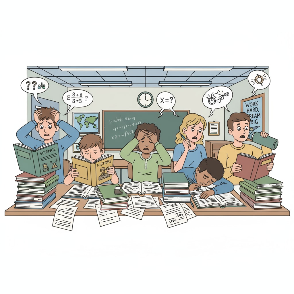 A classroom scene where students are looking stressed while studying textbooks, representing the academic struggles in high school. High school students facing academic difficulties