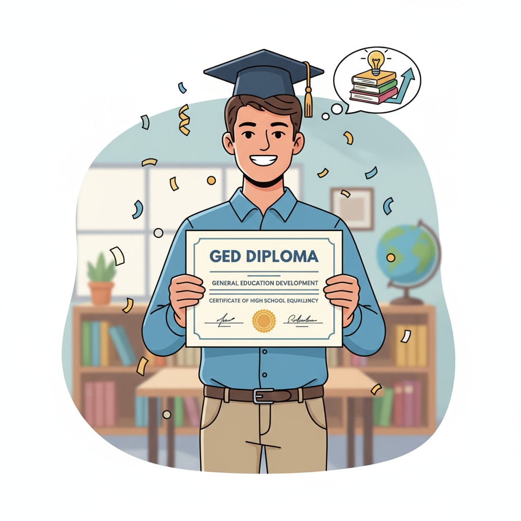 A young person beaming with pride while holding a GED certificate, showing the achievement of obtaining the GED. A person with a GED certificate
