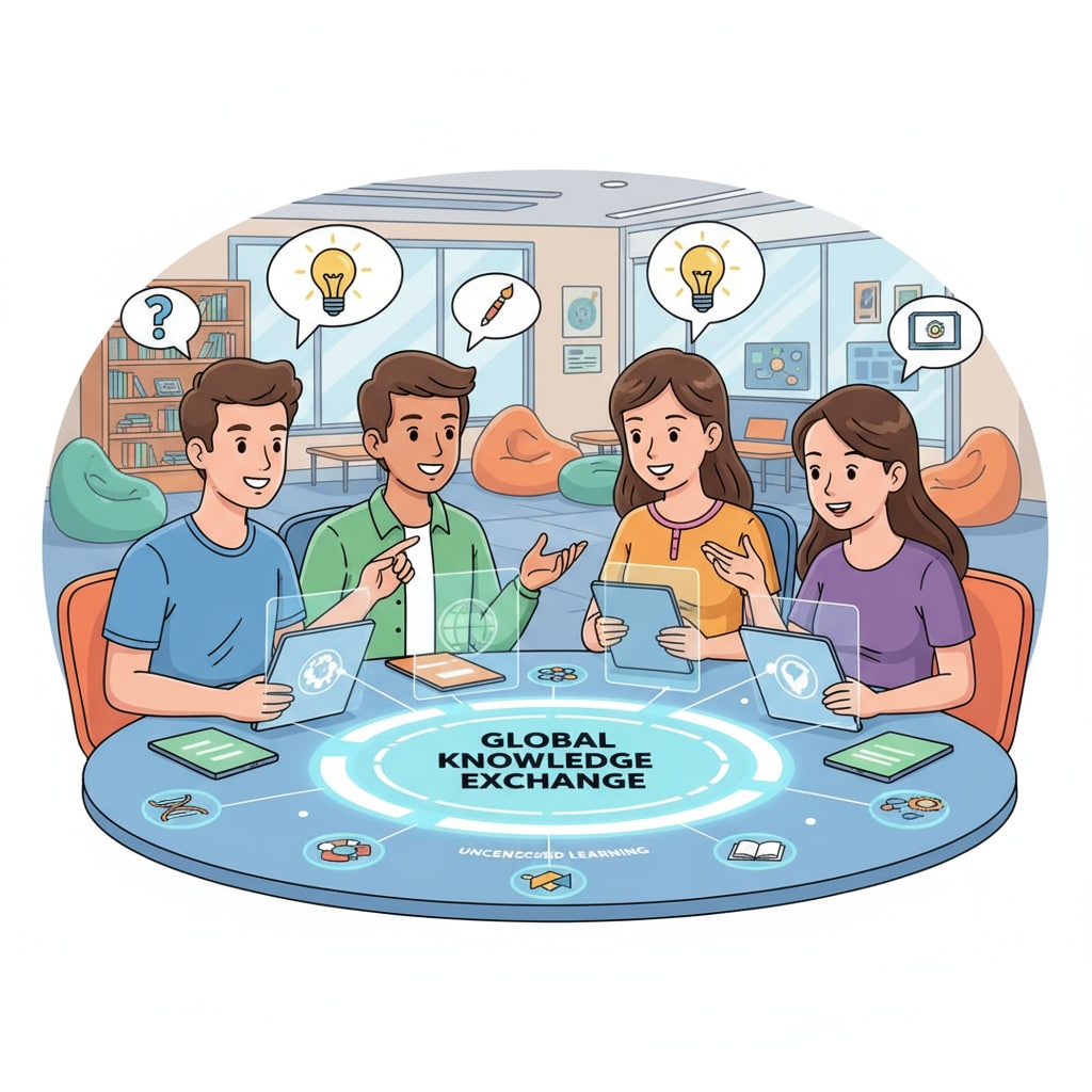 A group of students is seen actively chatting, sharing ideas, and collaborating on an online platform that represents an uncensored social media learning environment. Students interacting on an uncensored social media learning platform