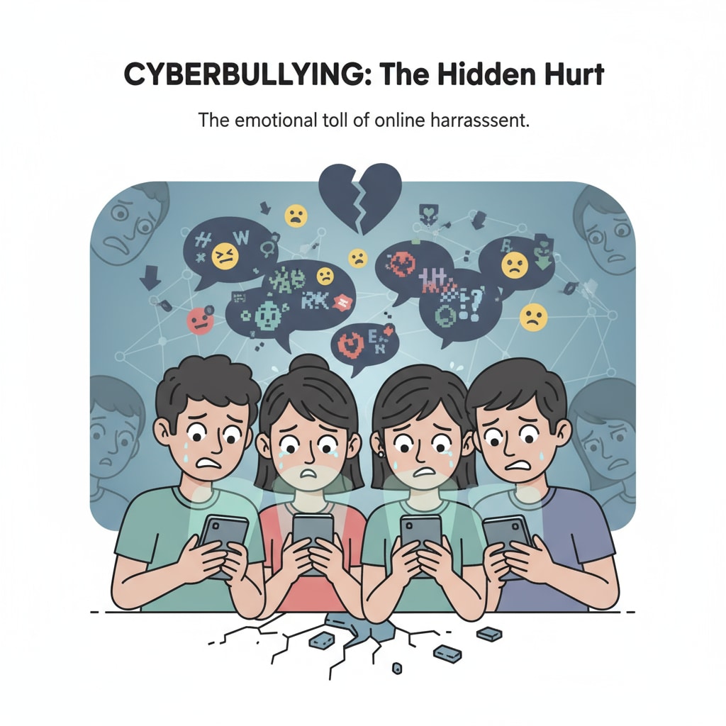 A group of students looking worried while using their mobile phones, symbolizing the stress of cyberbullying Students under stress due to cyberbullying, highlighting actual life challenges, school education, and coping abilities