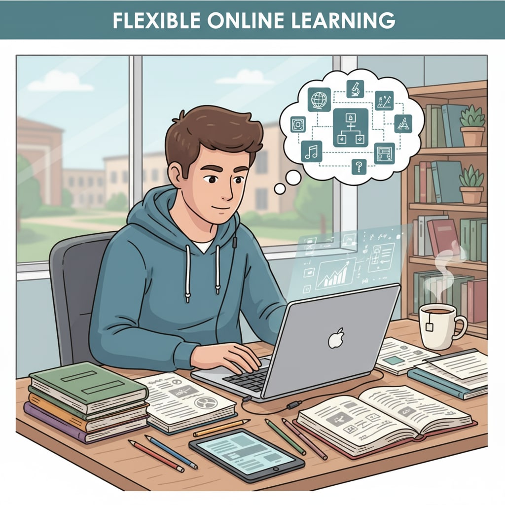 A student using a laptop for online degree studies, highlighting time flexibility
