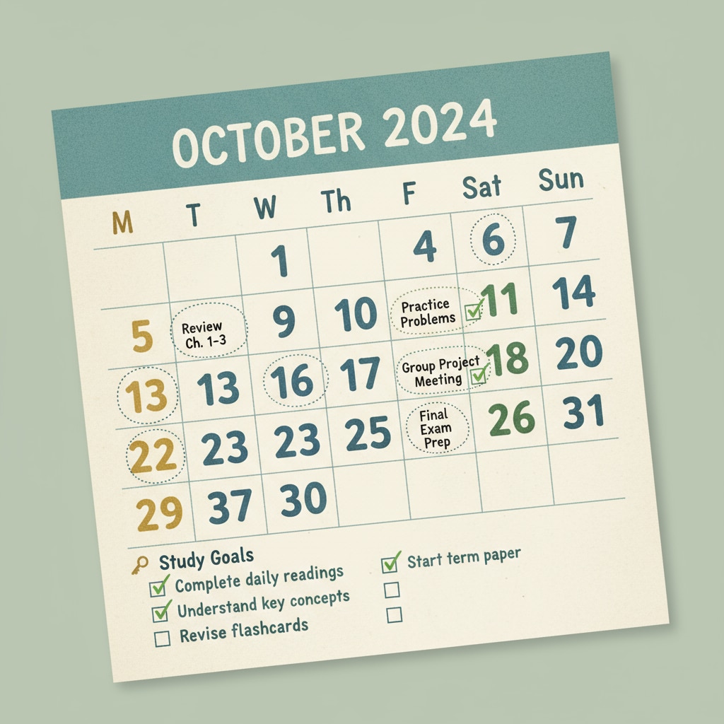A calendar showing self-motivated study goals for online degree learning