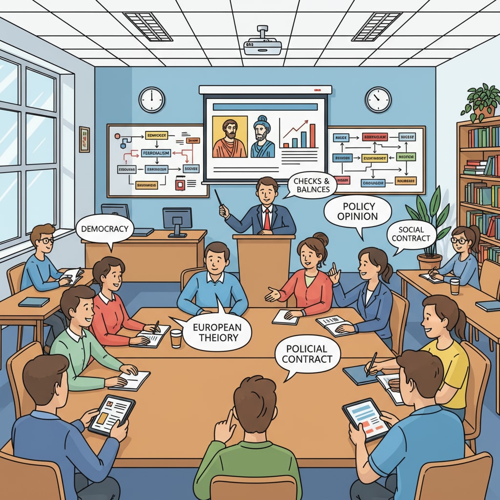 Students engaged in a lively discussion about political science concepts in a well-equipped European university classroom. Students discussing political science in a European university classroom related to political science, European universities, school recommendations