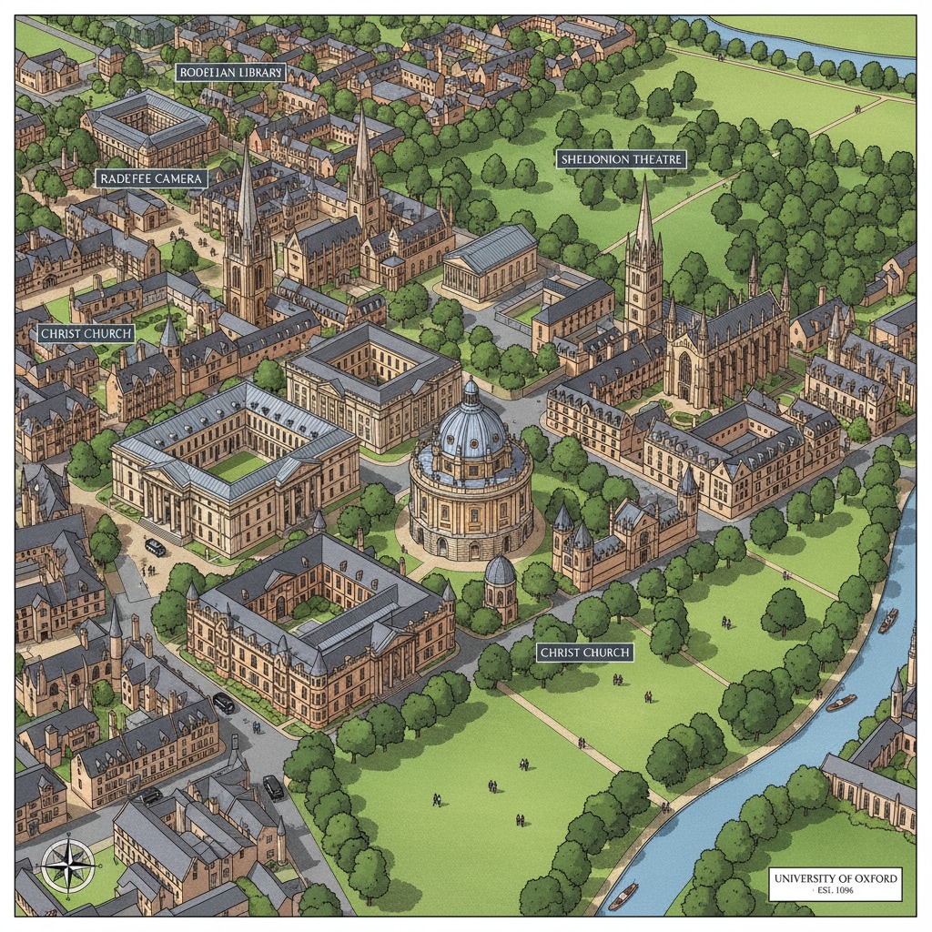 An aerial view of the beautiful and historic University of Oxford campus, showing its iconic buildings and green spaces. Aerial view of the University of Oxford campus relevant to political science, European universities, school recommendations