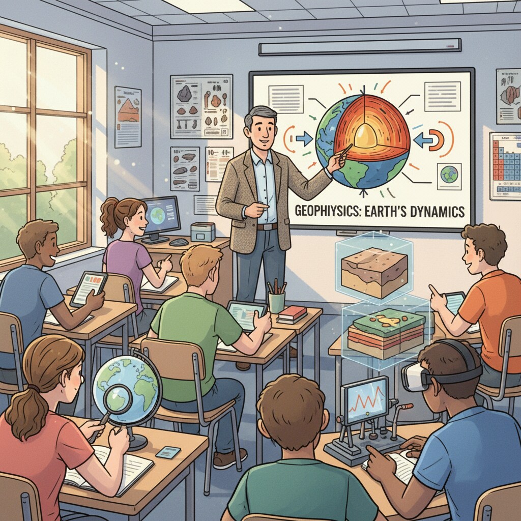 A classroom scene where students are actively engaged in learning about geophysics concepts. Geophysics learning in a K12 classroom amidst employment dilemmas and second master's degree considerations