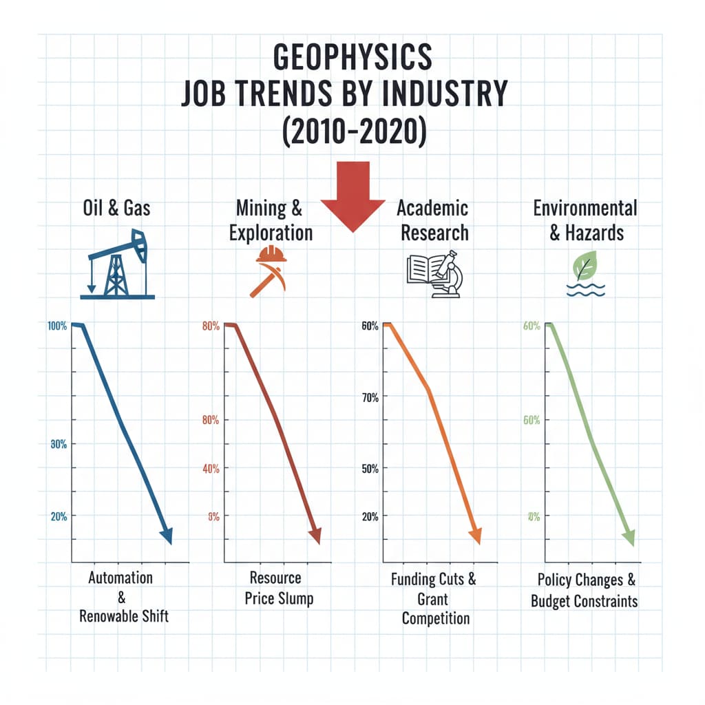 A visual representation of the downward trend of geophysics jobs in specific industries. Graph showing geophysics employment decline relevant to employment dilemmas and second master's degree for career change