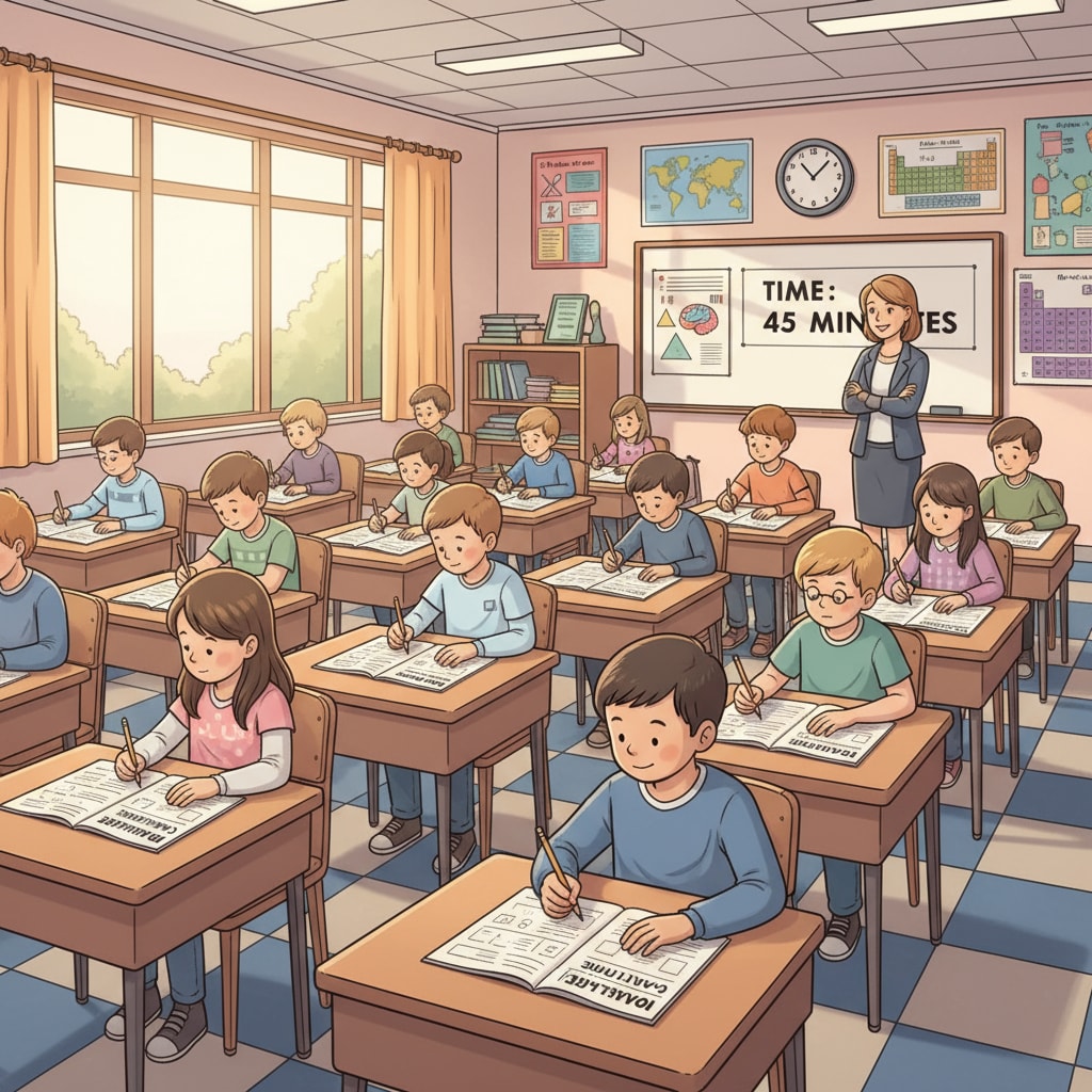 A classroom scene in K12 education where students are taking an IQ test. K12 students taking an IQ test related to IQ, leadership, General Motors, University of Michigan