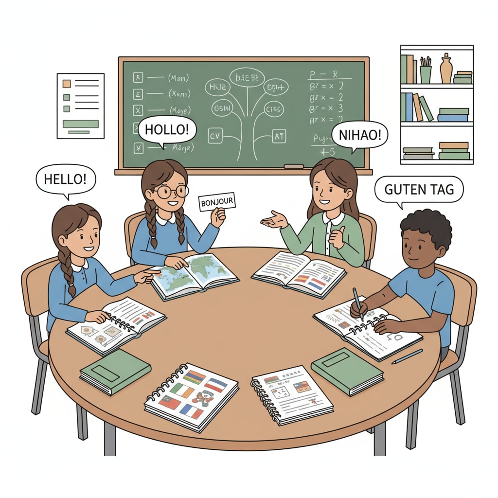A group of K12 students sitting around a table, engaged in a lively language - learning discussion with books and notebooks in front of them. K12 students exploring language learning, expanding knowledge value and cultural horizons