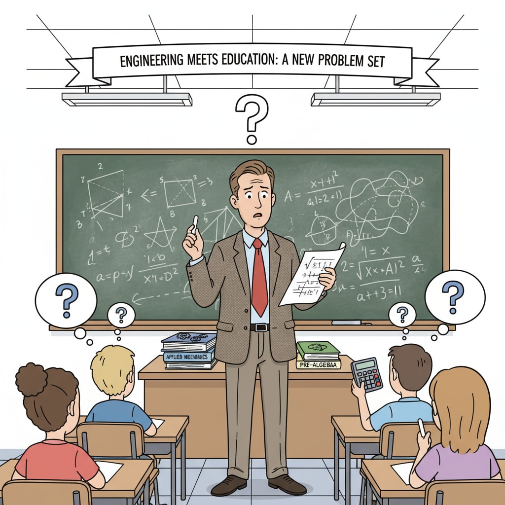 A person with an engineering background is standing in front of a classroom with a slightly confused expression, symbolizing the challenges they may face in the transition to teaching math. An engineer facing challenges in the transition to math education