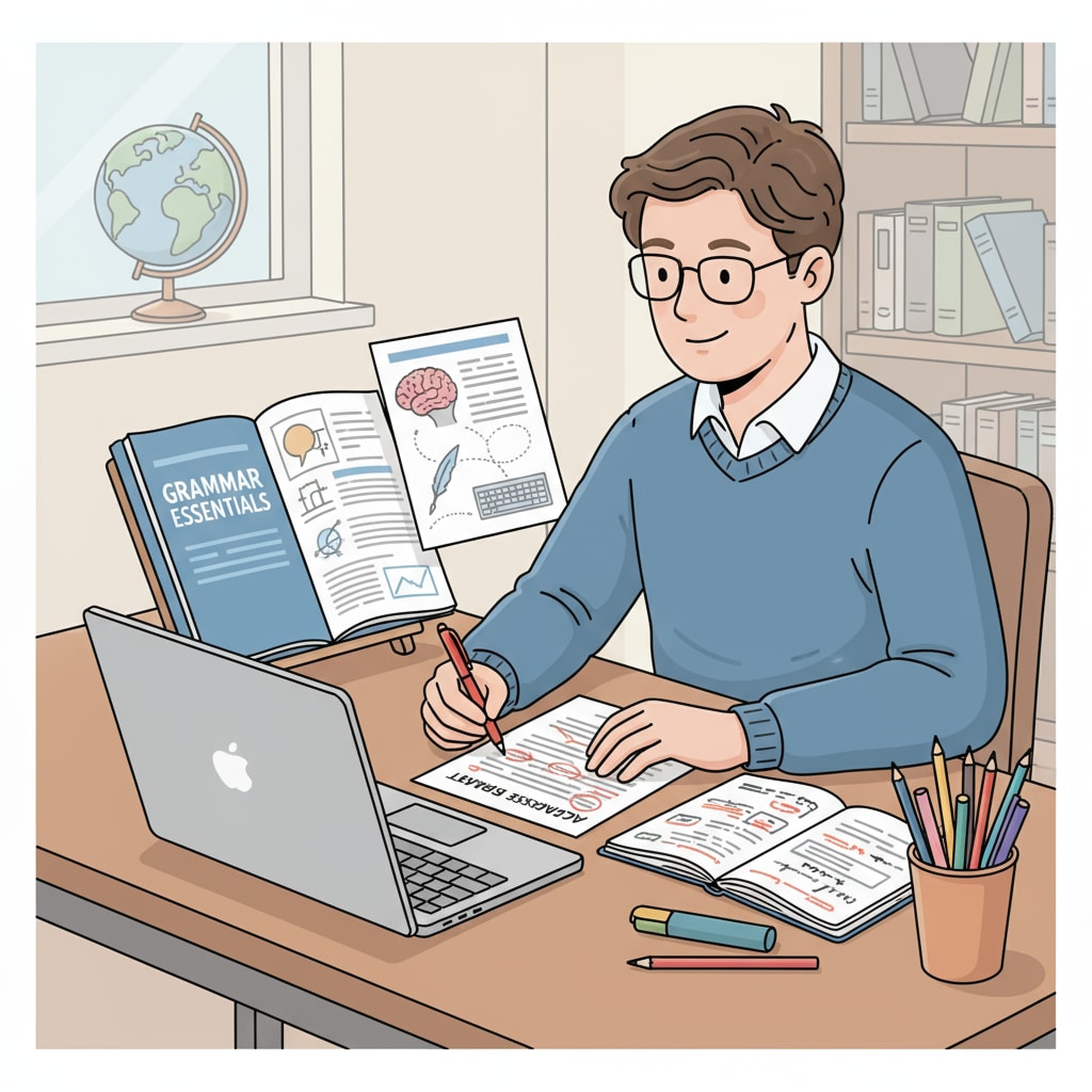 A student is sitting at a desk, practicing academic writing with a grammar book open beside, making notes and corrections. A 10th grader practicing academic writing with the help of a grammar book to improve report writing for exams.
