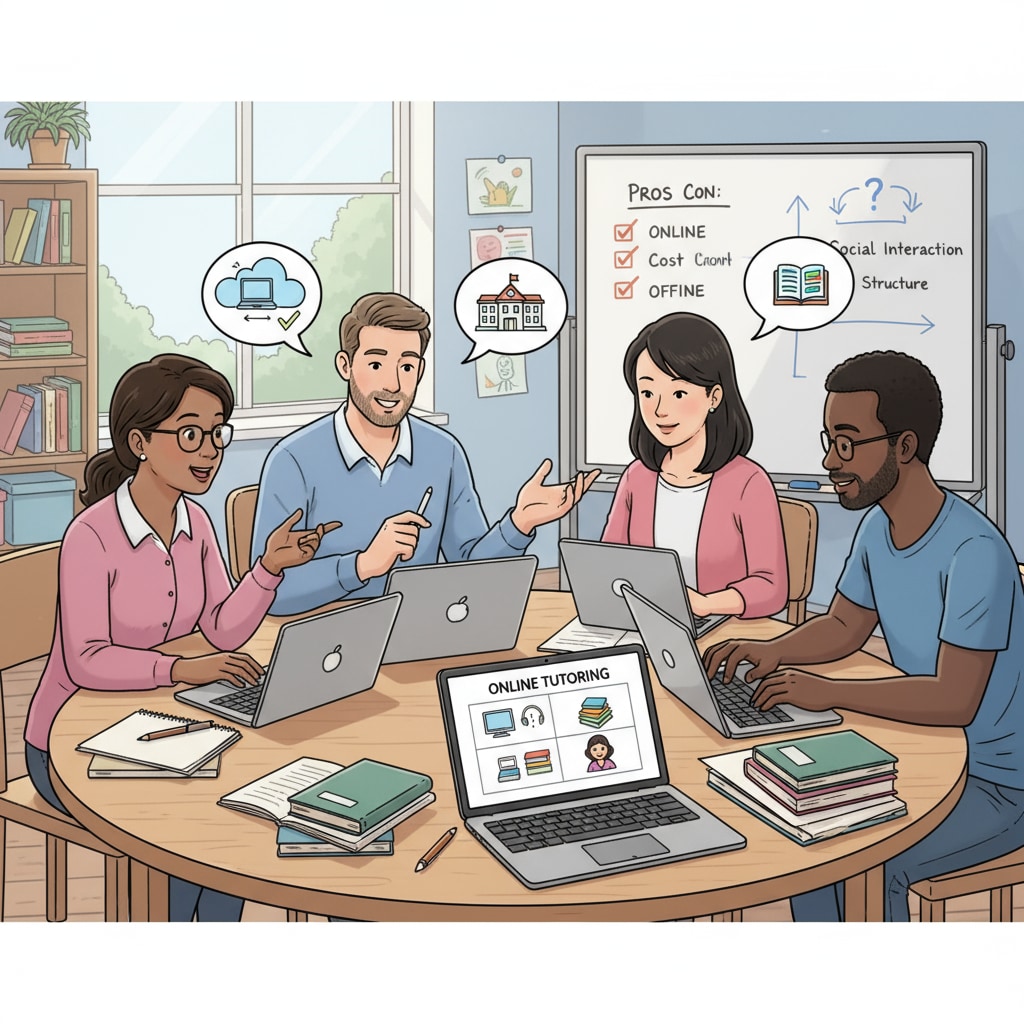 A group of parents sitting around a table, looking at laptops and discussing the choices between online and offline tutoring for their children. Parents discussing online and offline tutoring options for their children