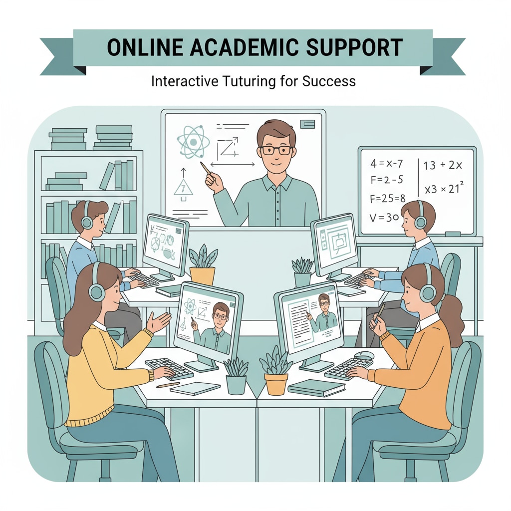Students sitting in front of their computers, actively participating in an online tutoring session with their tutor on the screen. Students attending an online tutoring session