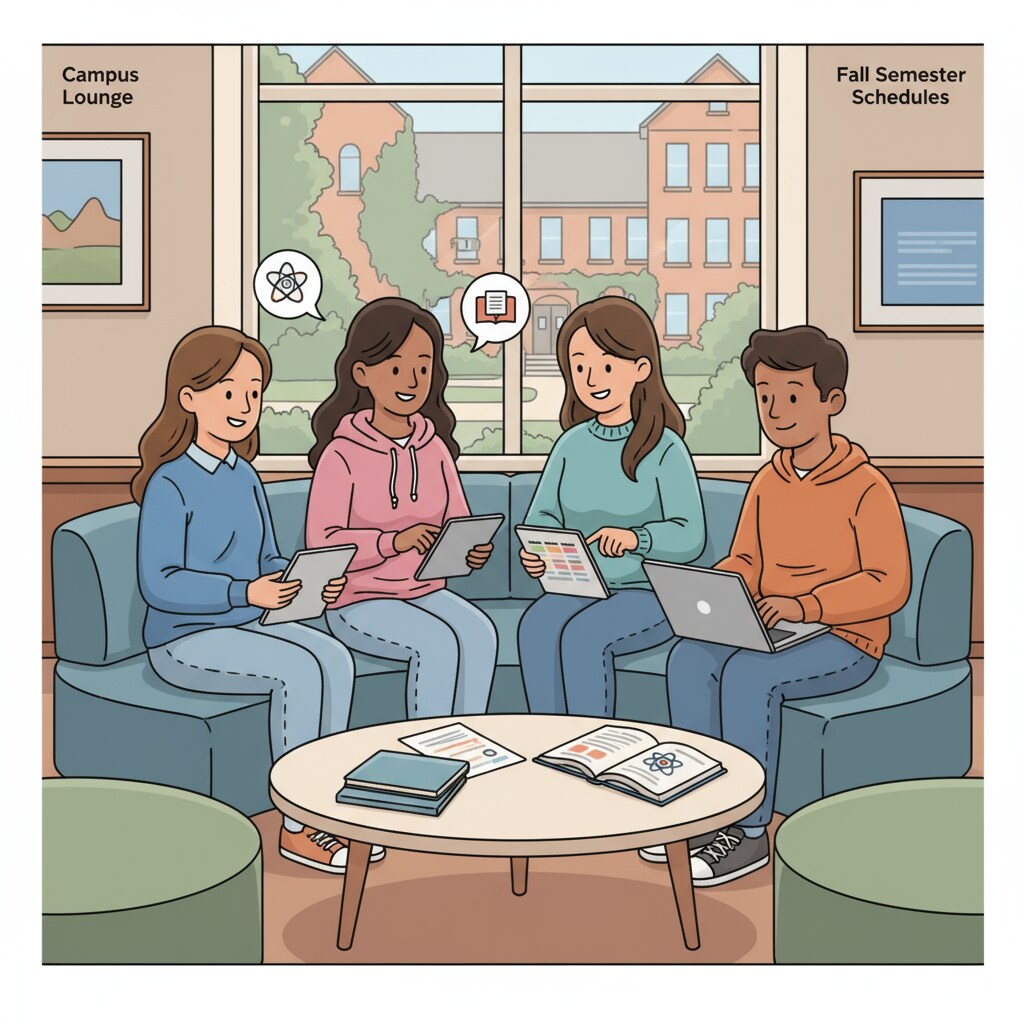 A group of college students are chatting and looking at their class schedules in a comfortable campus lounge. College students discussing morning and afternoon class schedules in a campus lounge