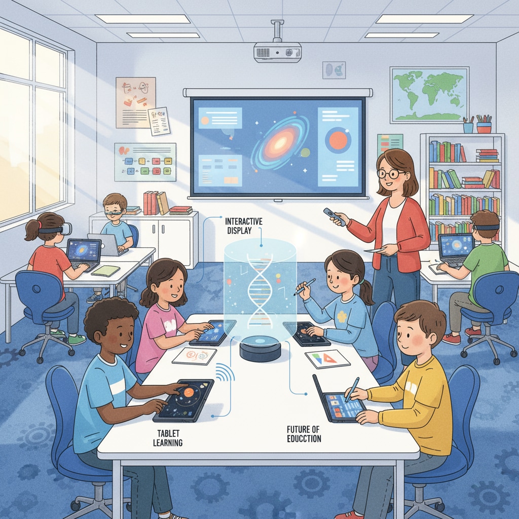 A classroom scene with students using modern teaching tools related to National Education Policy (NEP) educational reform