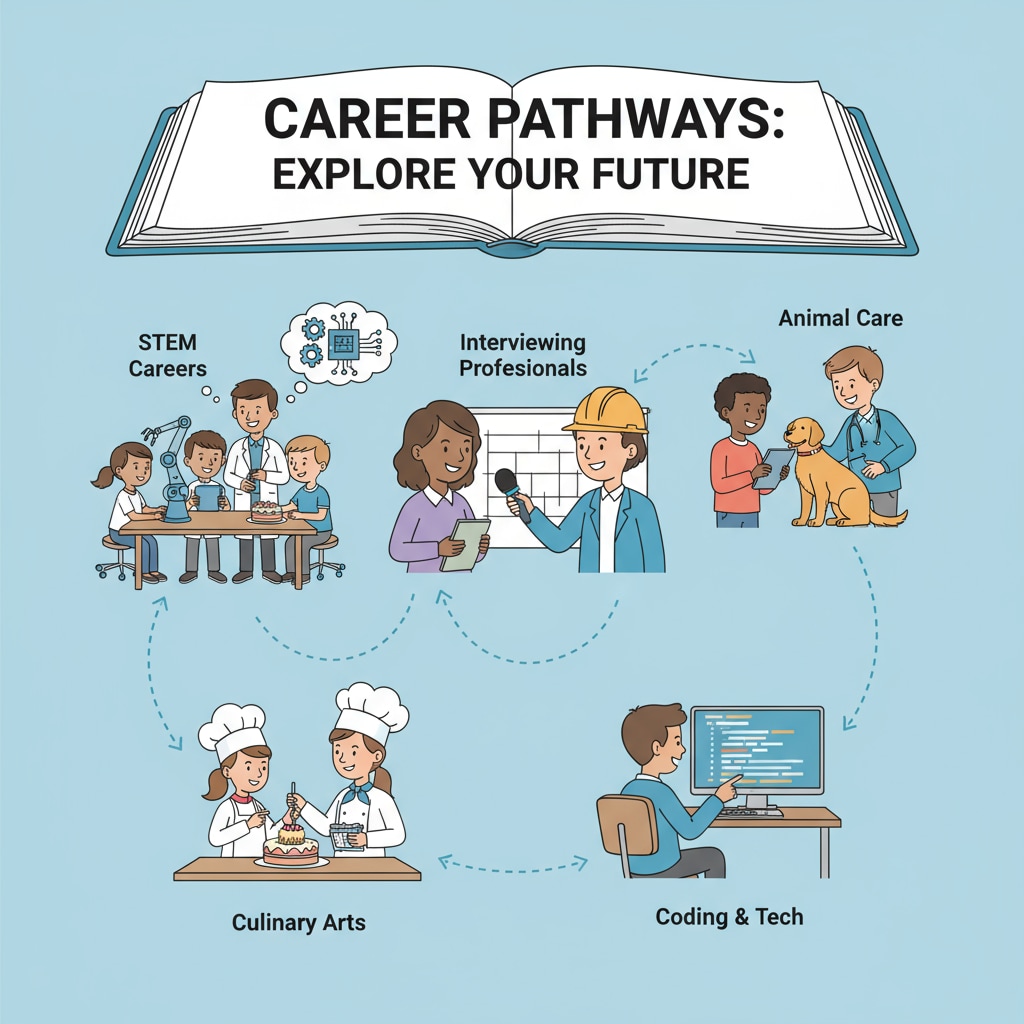 A group of K12 students are actively involved in activities related to exploring different careers, such as interviewing professionals and learning about various job roles. K12 students exploring careers to avoid future career confusion and academic interruption