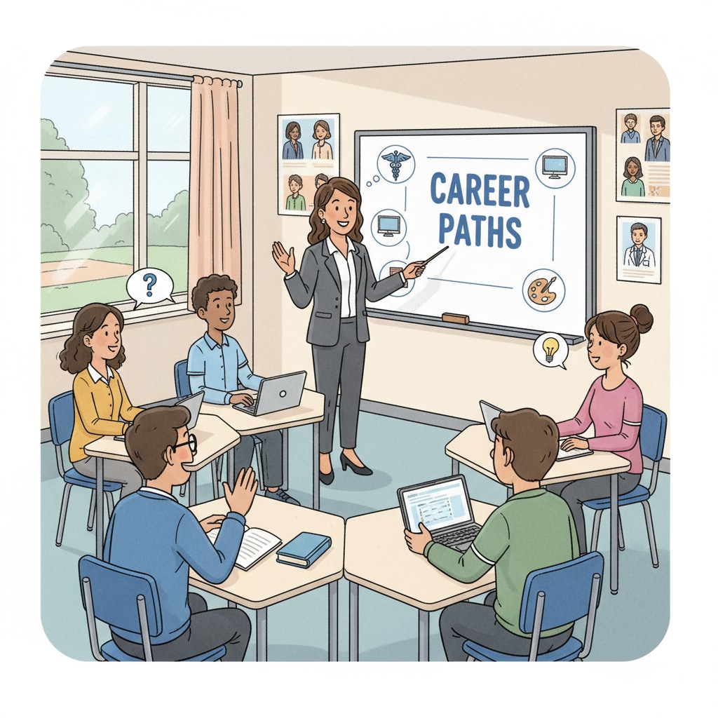 A teacher is leading a class discussion on career options, with students actively participating, taking notes, and asking questions. K12 teacher facilitating career exploration to prevent career confusion and academic interruption