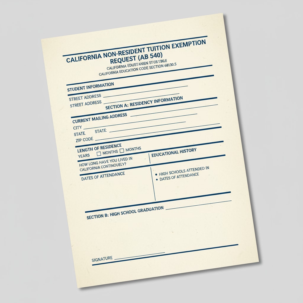 Close-up of AB-540 form showing residency details for in-state tuition eligibility at California community college