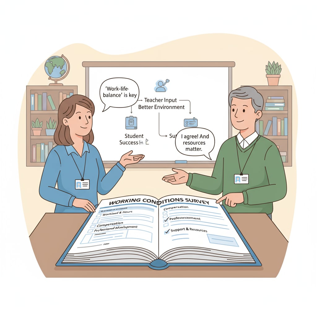 Two teachers are engaged in a discussion, pointing at a questionnaire about working conditions. They seem to be sharing their opinions and experiences. Teachers discussing a questionnaire on working conditions relevant to research papers
