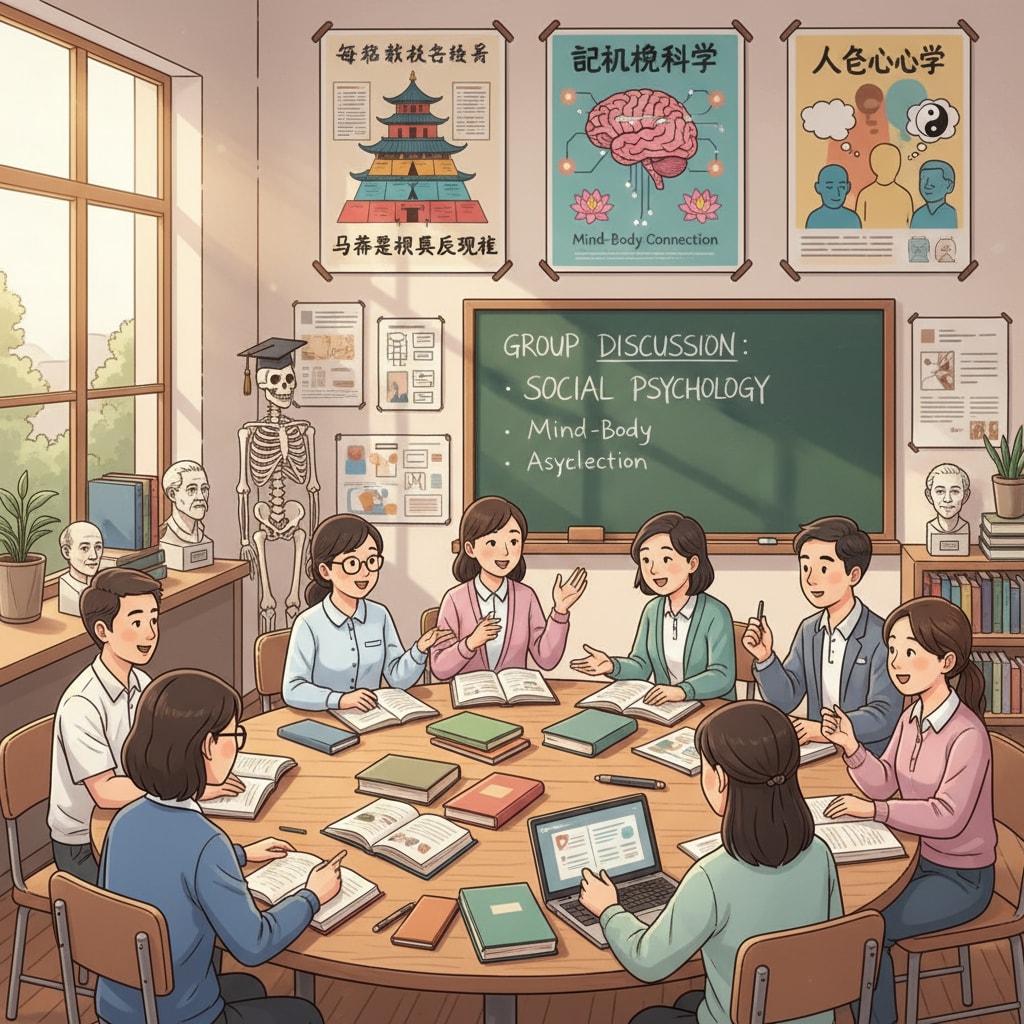 A group of students are engaged in a lively discussion in a psychology classroom. The classroom is decorated with posters related to psychological concepts, giving it an academic and Asian touch. Transgender teens exploring psychology education in an Asian classroom setting