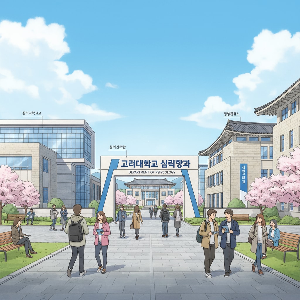 Students are walking around the campus of a South Korean university. There are signs and buildings related to the psychology department, indicating a focus on psychology education. Campus scene in a South Korean university relevant to transgender teens' psychology study abroad