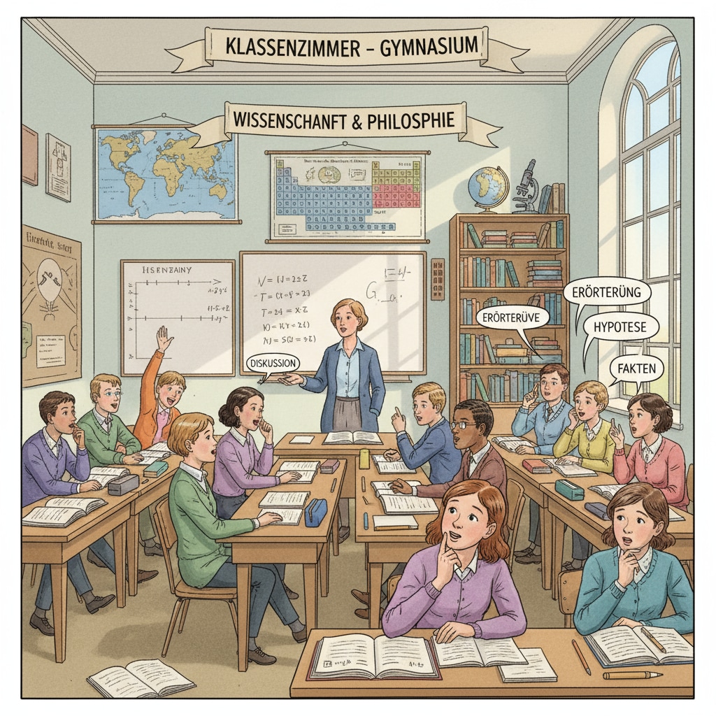 A classroom scene in a German Gymnasium where students are actively participating in academic discussions, highlighting the academic environment in German education. German education environment in a Gymnasium related to university applications