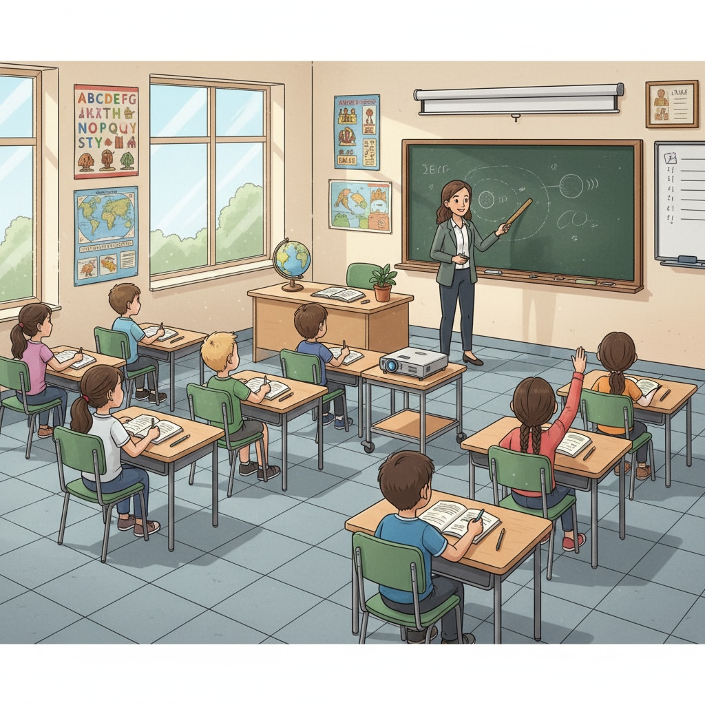 A classroom scene showing students sitting at desks, listening to a teacher. The classroom has basic teaching facilities. Classroom scene related to education funding including school bonds, OSCIM funding, education expenditure, and debt burden