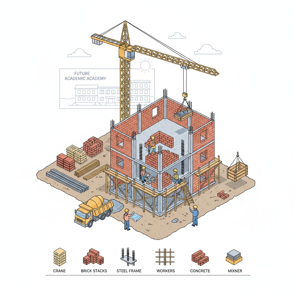 A construction site of a new school building with cranes, workers laying bricks, and building materials piled up. Construction site of school building relevant to school bonds, OSCIM funding, education expenditure, and debt burden