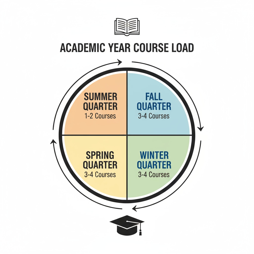 This image shows a circular diagram divided into four sections, representing the four quarters of an academic year. Each section lists the typical number of courses a student might take in that quarter. A visual representation of the quarter system, including the distribution of courses per quarter, related to learning focus and course load