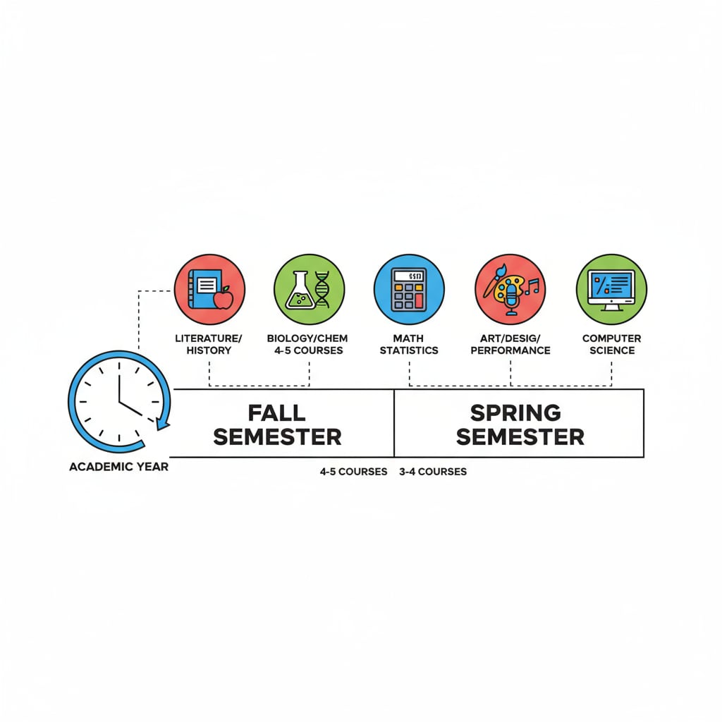 The diagram is a horizontal bar divided into two parts, representing the two semesters of an academic year. Above each part, there are icons indicating different courses, showing the variety of courses in a semester system. A diagram of the semester system highlighting the two semesters and the variety of courses, relevant to learning focus and course load