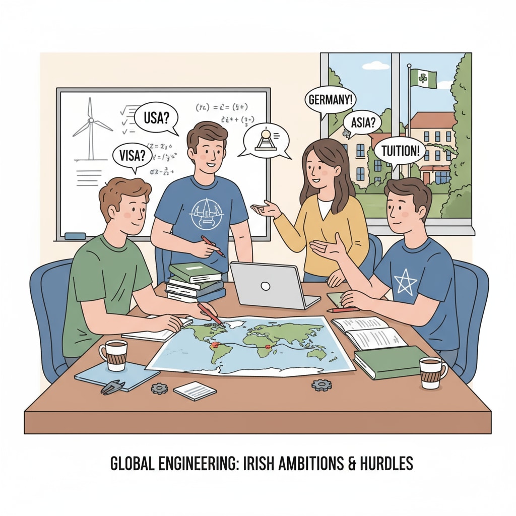 A group of Irish mechanical engineering students sitting around a table, discussing their study abroad dreams and the challenges they face. Irish mechanical engineering students discussing study abroad plans