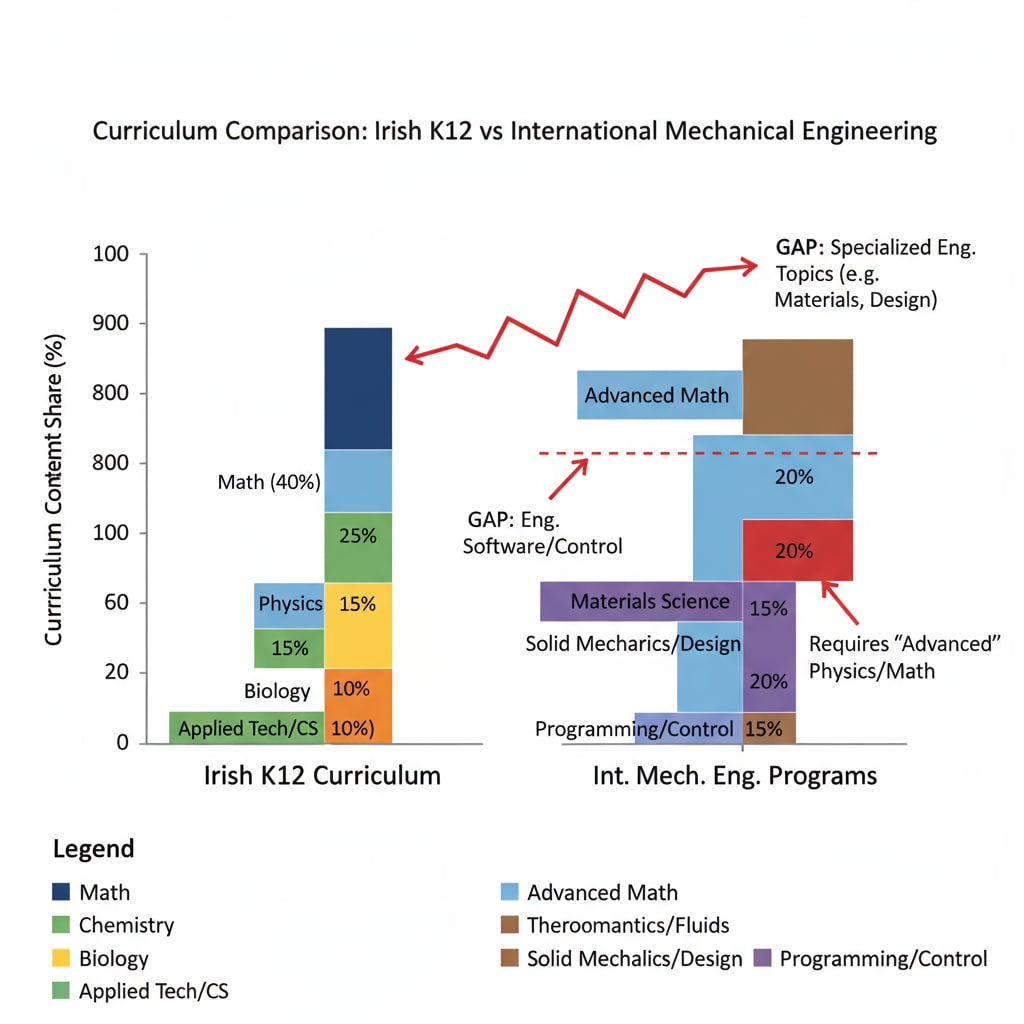 A graph comparing the curriculum content of K12 education in Ireland with the requirements of international mechanical engineering programs, highlighting the gaps. Graph showing misalignment between K12 curriculum and international mechanical engineering requirements
