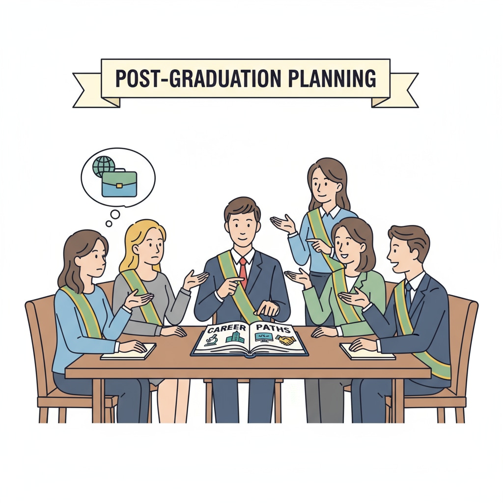 A group of graduates are sitting around a table, having a lively discussion about their career options, with some looking thoughtful and others expressing their opinions animatedly. Graduates discussing career choices between master's degree and employment