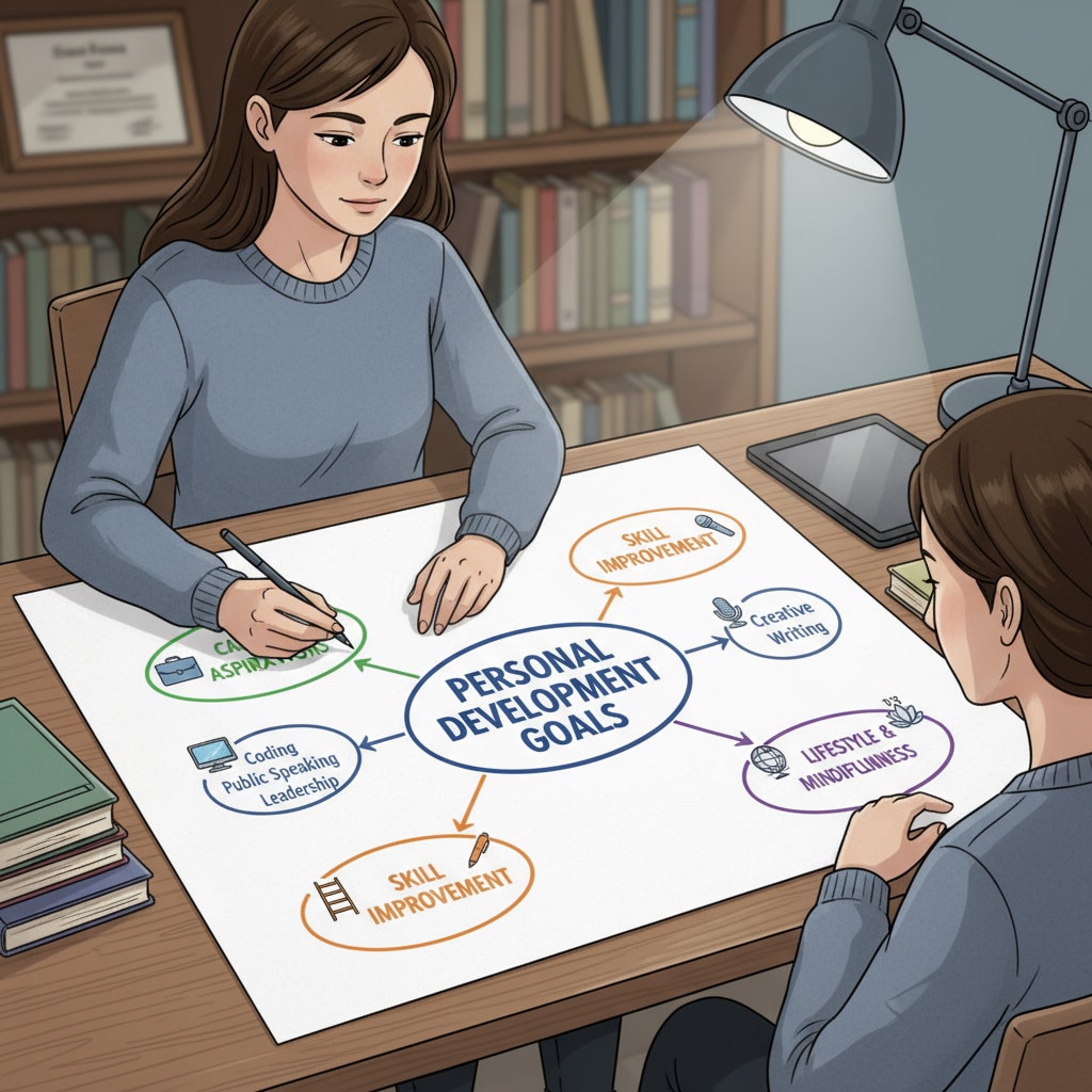 A student is sitting at a desk, creating a mind map on a large piece of paper. The mind map has branches labeled with different aspects of personal development goals like career aspirations, skill improvement, and lifestyle preferences. Student making a mind map of personal development goals related to career choice between master's and job