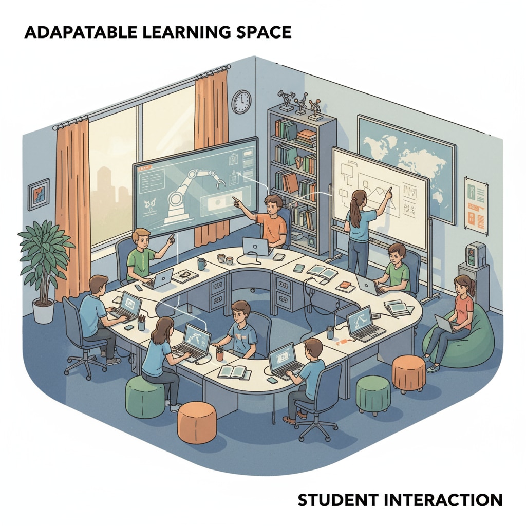 Teenagers collaborating in a study area designed for K-12 education in architectural projects
