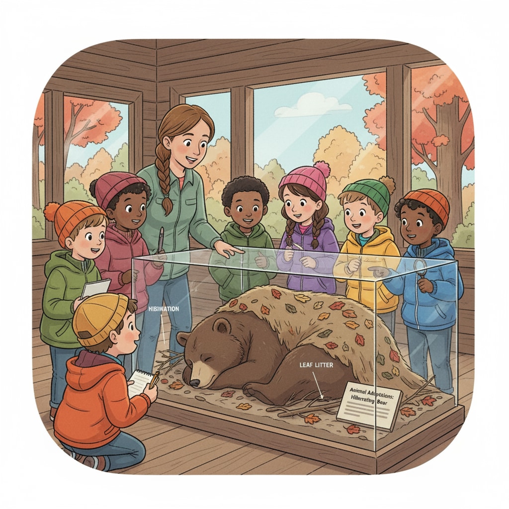 A group of children are looking at a display of a hibernating bear during an autumn day camp, showing their curiosity and engagement in learning about animal adaptations. Kids observing animal adaptation during an autumn day camp