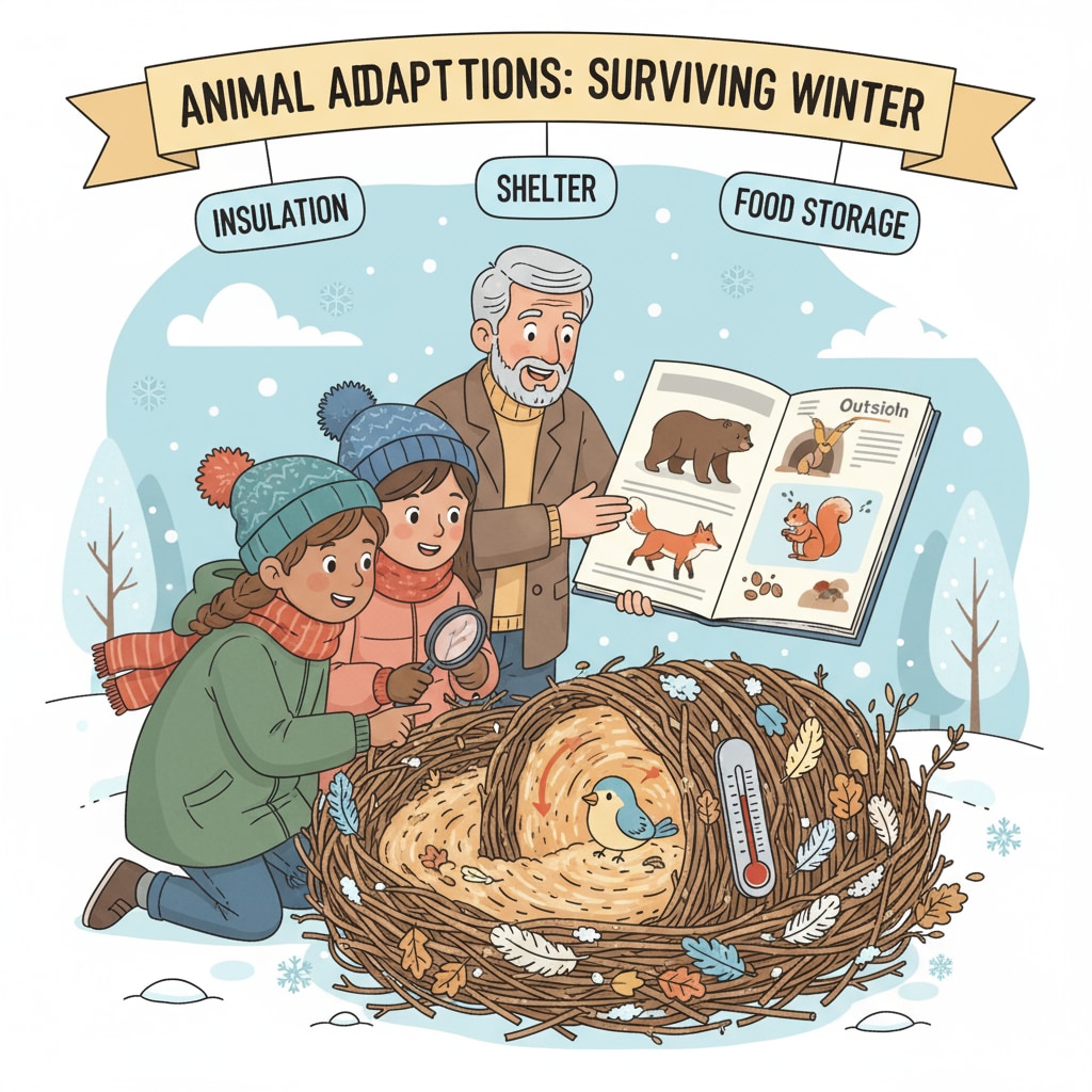 Children are carefully examining a bird's nest that has been designed to help the bird survive the winter, learning about how animals adapt to the cold season. Children exploring animal adaptation in winter day camp