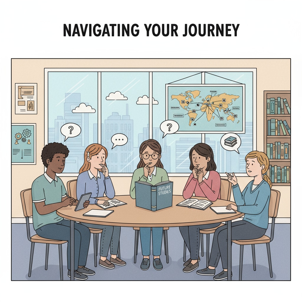 A group of students in a classroom, engaged in a discussion about their educational paths, showing different expressions of thoughtfulness. 17-year-old students discussing GED, high school dropout, and community college options