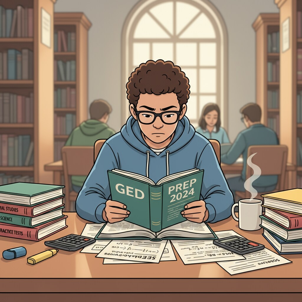 A student sitting at a library table, surrounded by GED study books and papers, concentrating on studying. Student studying for GED test, related to high school dropout and community college considerations