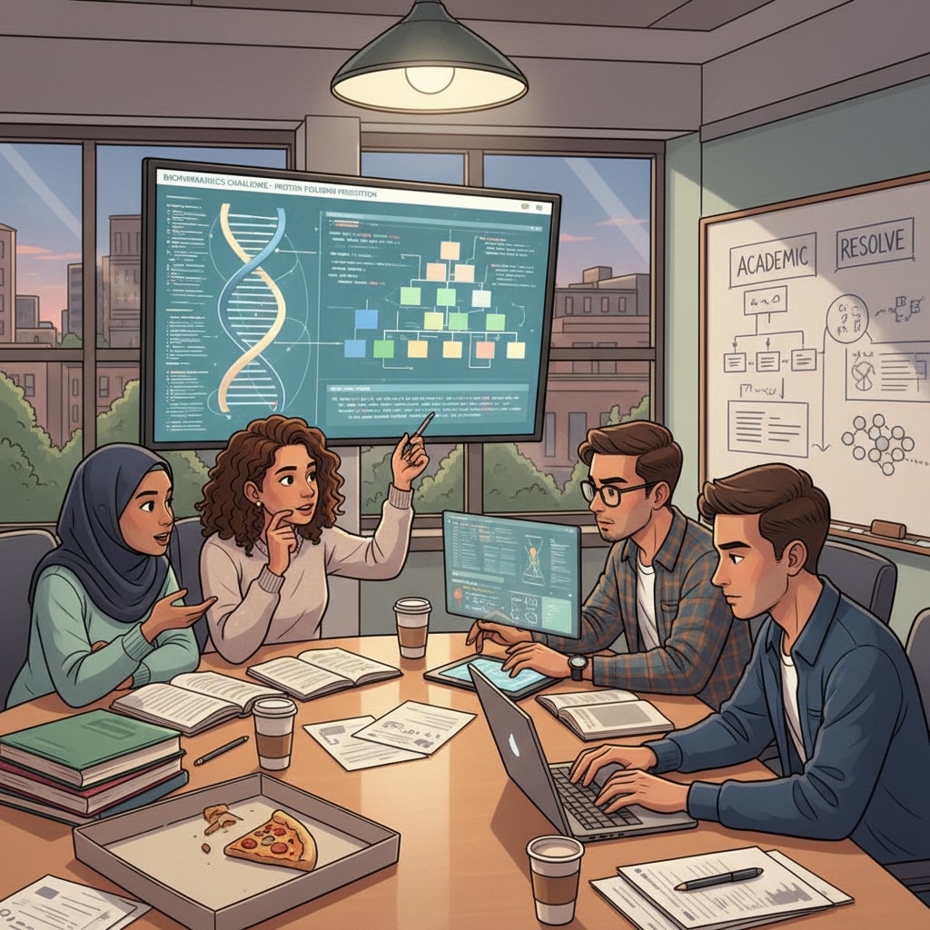 A group of students is engaged in a discussion about bioinformatics problems in a study group setting, showing their dedication to overcoming academic difficulties. Bioinformatics students discussing academic problems in a study group